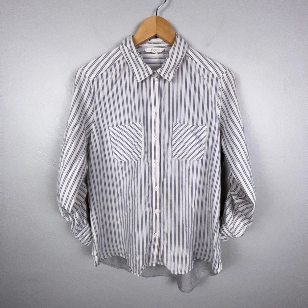 Beachlunchlounge Shirt Large Blue Striped Mixed Media Roll Tab Button Up Preppy